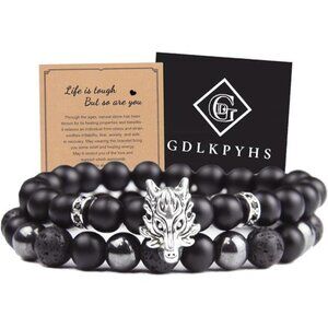 Mens Black Obsidian Bracelet Lava Stone Hematite Onyx Beaded Triple Protection